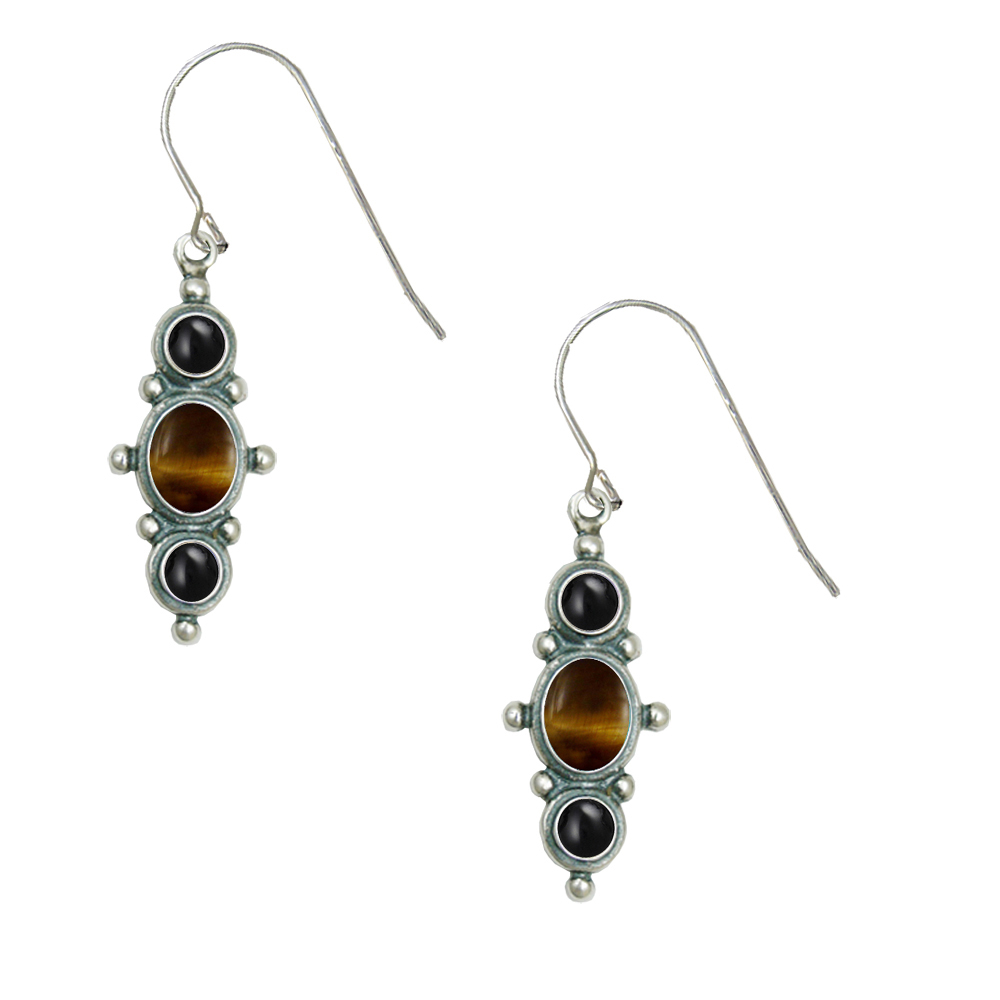 Sterling Silver Drop Dangle Earrings With Tiger Eye And Black Onyx